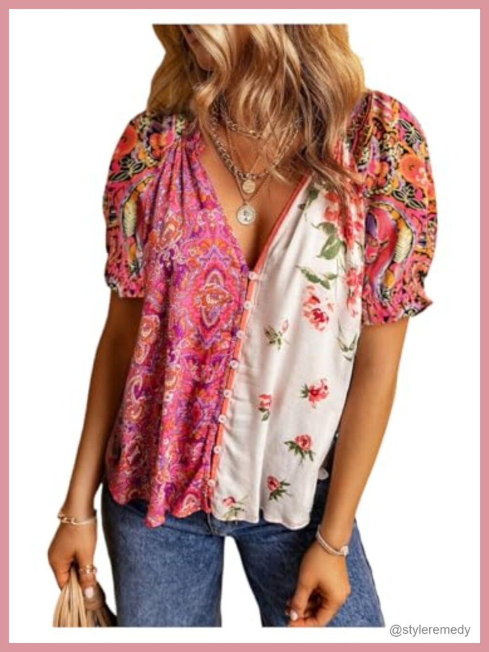 Boho Floral Button Down Blouse V Neck Short Sleeve Summer Top